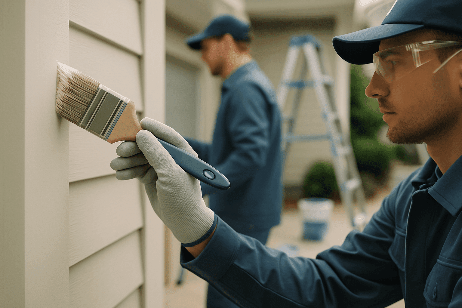 Professional residential painting crew applying paint on a clean home exterior wearing safety gloves and goggles. in Washington