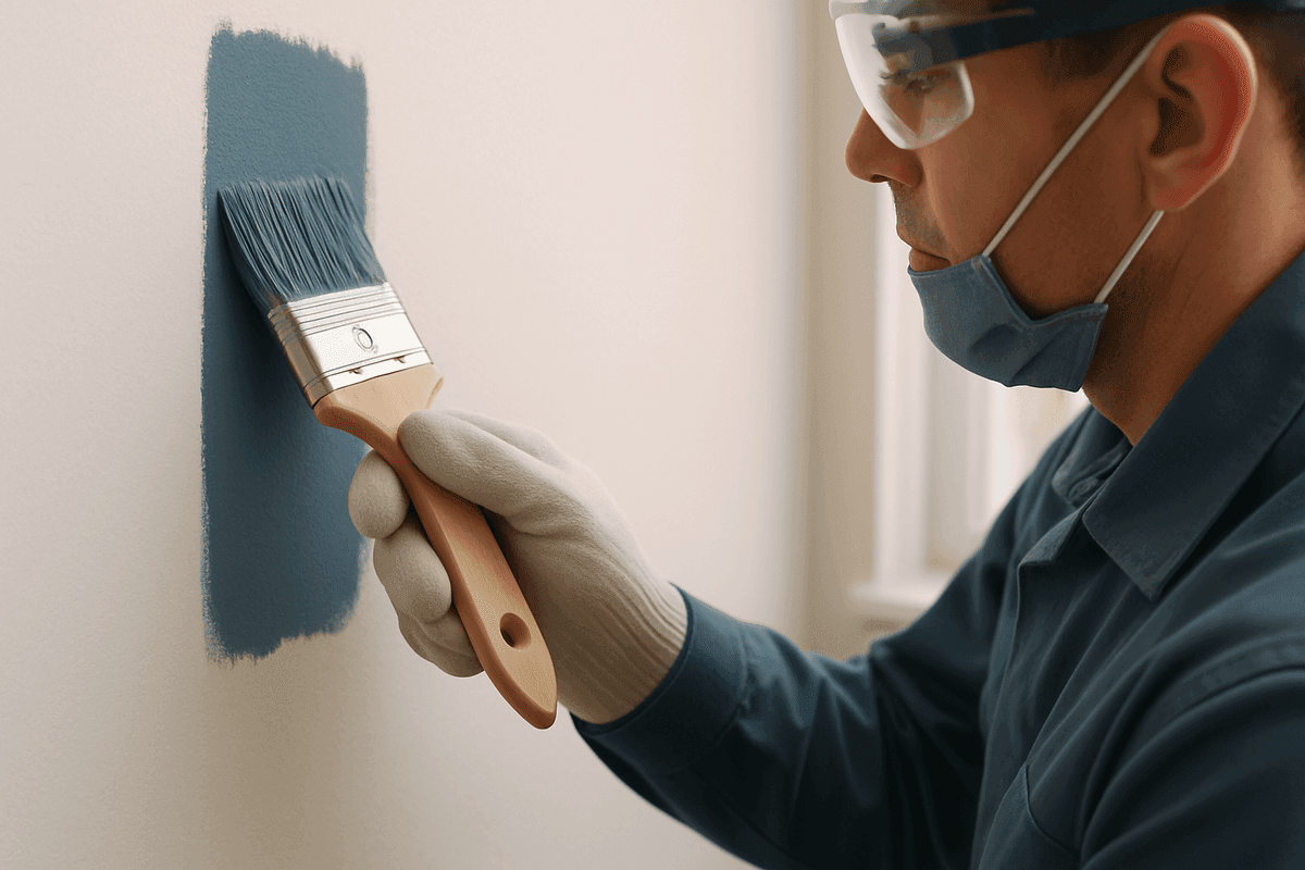 Close-up of painter’s gloved hands applying muted blue-gray paint on a white interior wall safely. in Washington