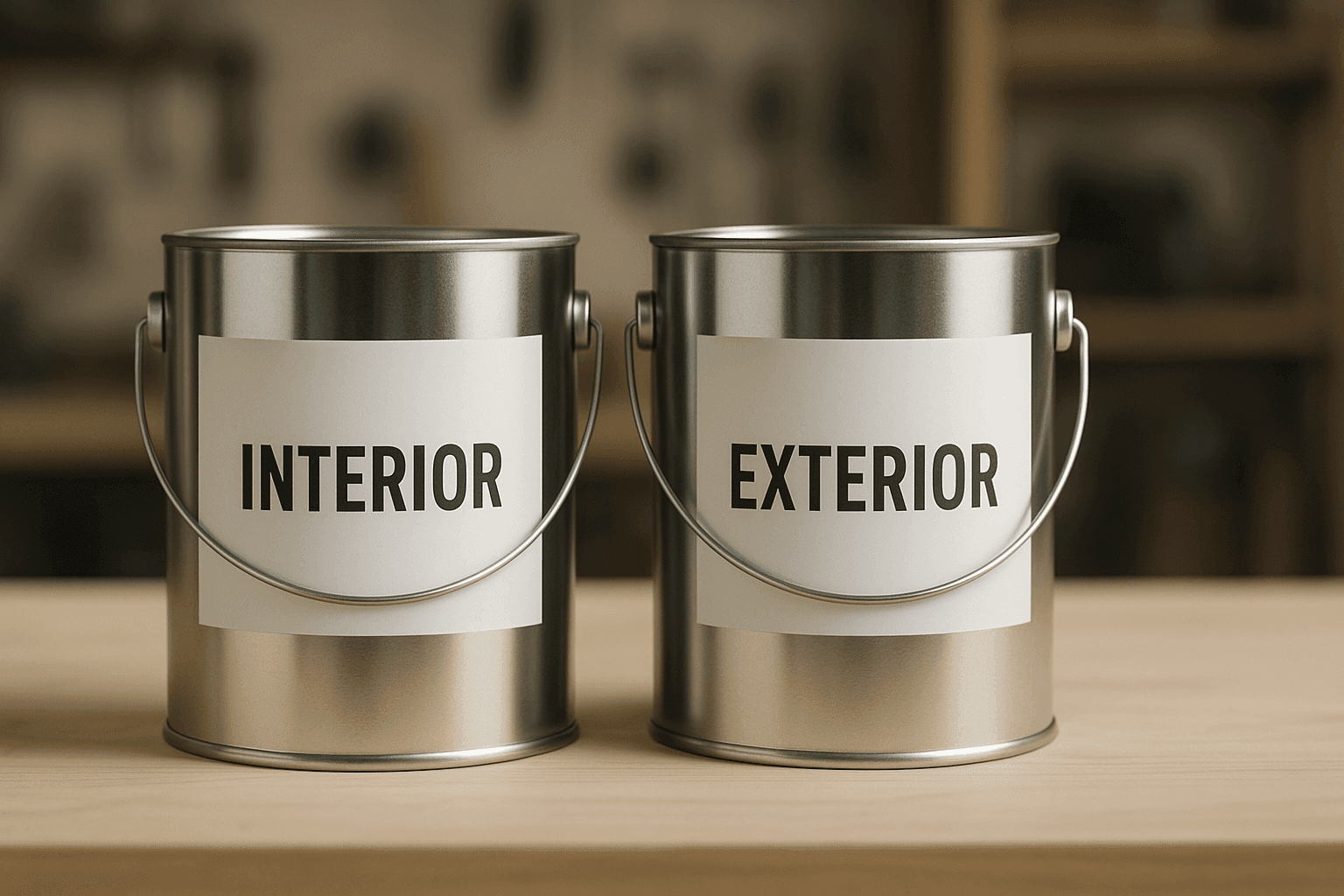 Latas de pintura etiquetadas para uso interior y exterior sobre un banco de trabajo