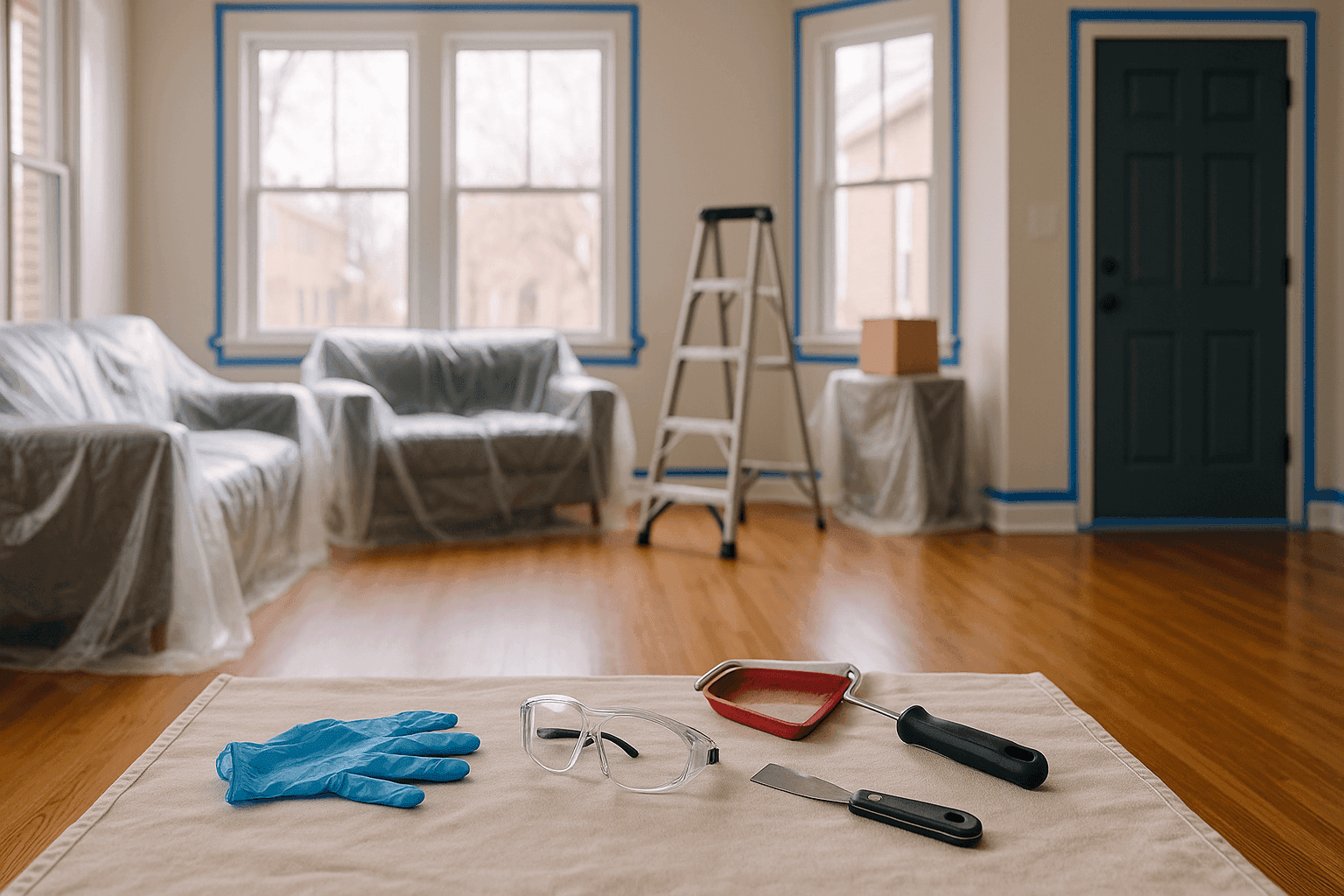 Homeowner taping and covering furniture before interior painting